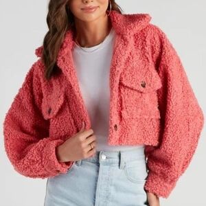 Double Zero Cropped Swing Teddy Jacket In Coral Pink Women's Size Medium